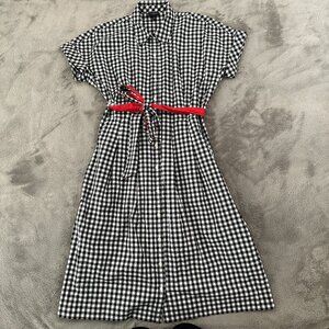 Talbots Black and White Gingham Midi Shirt Dress with Red Belt